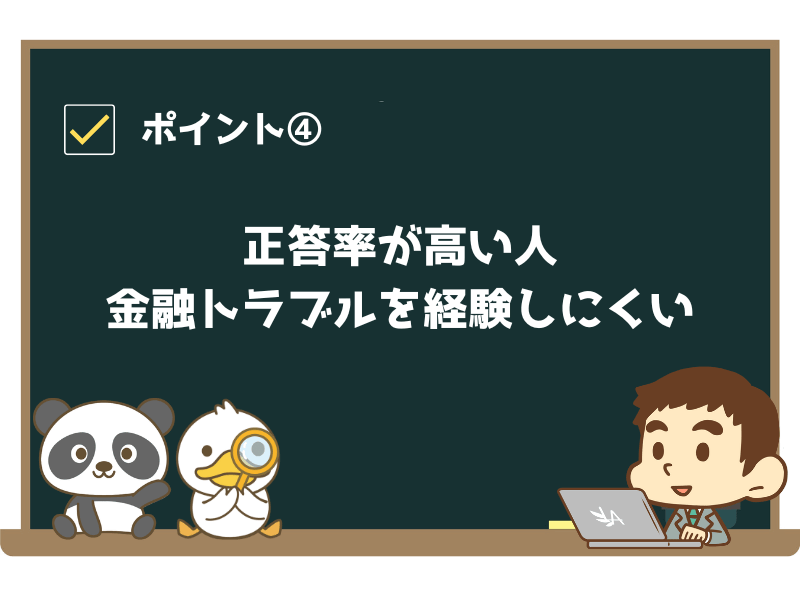 ポイント④:正答率が高い人は、金融トラブル経験者の割合が低い傾向