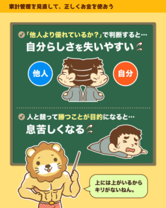 他人より優れているかで判断すると自分らしさを失い、勝つことが目的になると息苦しくなるという解説