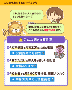 人に会う際の注意点として元本保証で月利20%は投資詐欺、あなただけには大損、初心者で月100万円は情報商材と警告