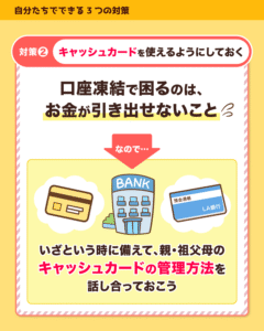 対策2はキャッシュカードを使えるようにしておくこと、親・祖父母と管理方法を話し合おうという解説