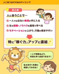 人に会うと一人では出ない発想、生の経験・ノウハウ、モチベーションが得られ稼ぐ力アップに直結するというまとめ