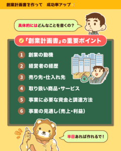 創業計画書の重要ポイント6つ：創業の動機、経営者の経歴、売り先・仕入れ先、商品、必要資金と調達方法、事業の見通し