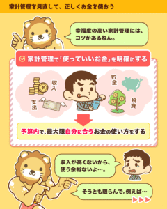 家計管理で使っていいお金を明確にし、収入・支出・貯金・投資を整理して予算内で自分に合う使い方をする流れ