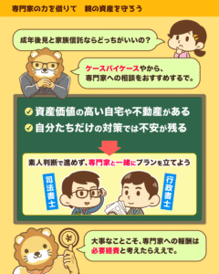 成年後見と家族信託の選択はケースバイケースで、資産価値の高い自宅がある場合などは司法書士や行政書士に相談を勧める解説