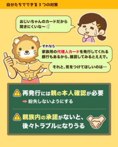 家族用の代理人カードを銀行で発行する際は再発行に親の本人確認が必要で親族内の承諾も大切と伝える解説