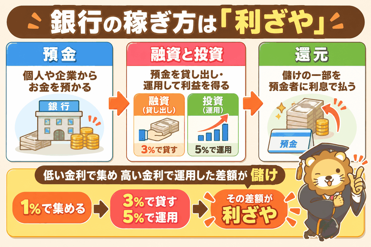 銀行が低い金利で預金を集め、高い金利で運用して利ざやを得る仕組みを示した図