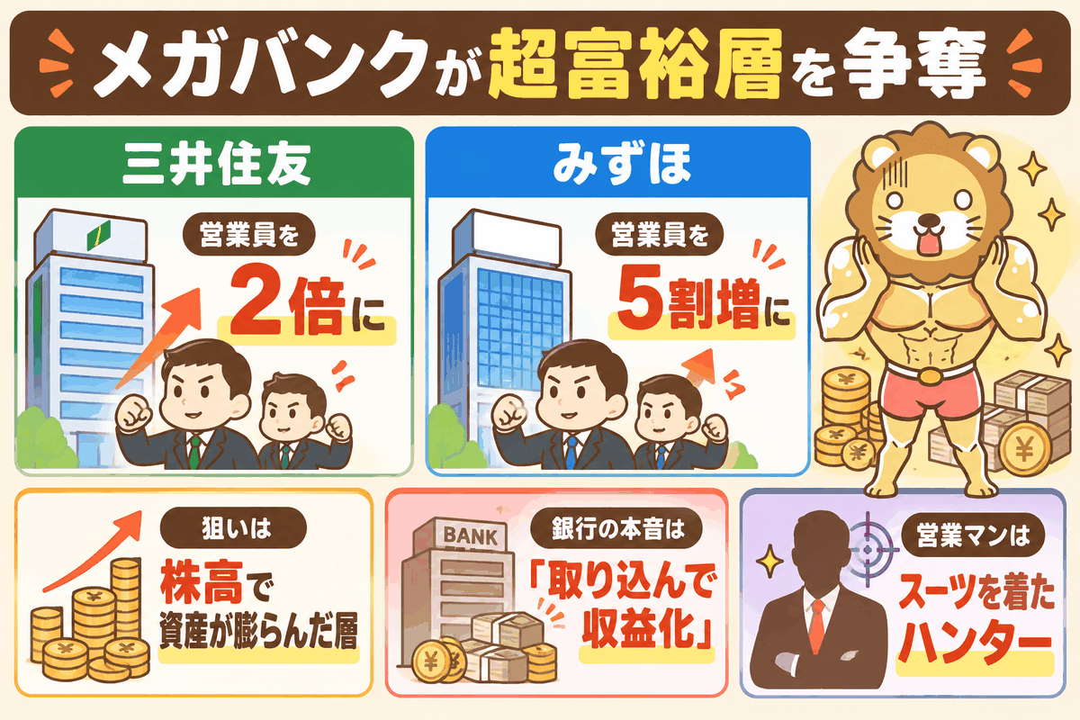 メガバンクが営業員を増やし、資産が増えた層を取り込んで収益化を狙う構図を示した図