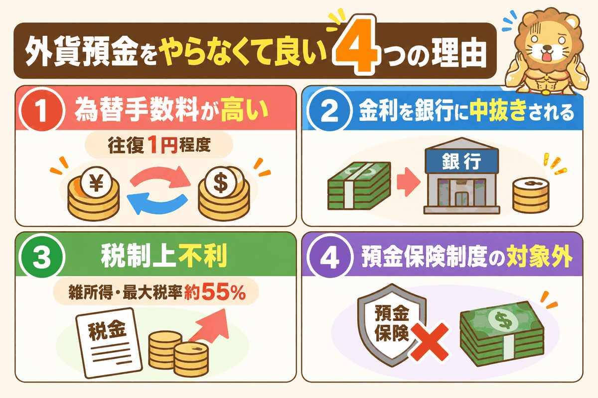 外貨預金を避けるべき4つの理由（手数料・金利・税制・預金保護）を示した図