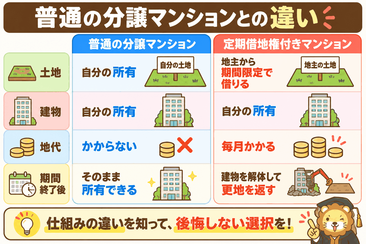普通の分譲マンションと定期借地権付きマンションの土地・建物・地代・期間終了後の違いを示した図
