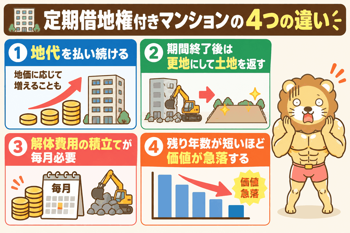 定期借地権付きマンションの地代・土地返還・解体積立・価値急落という4つの注意点を示した図