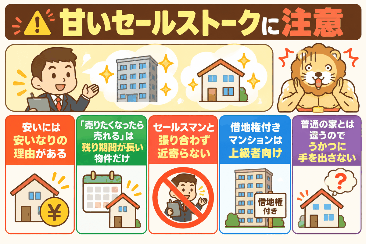 定期借地権付きマンションの甘いセールストークに乗らず、上級者向けと心得る注意点を示した図