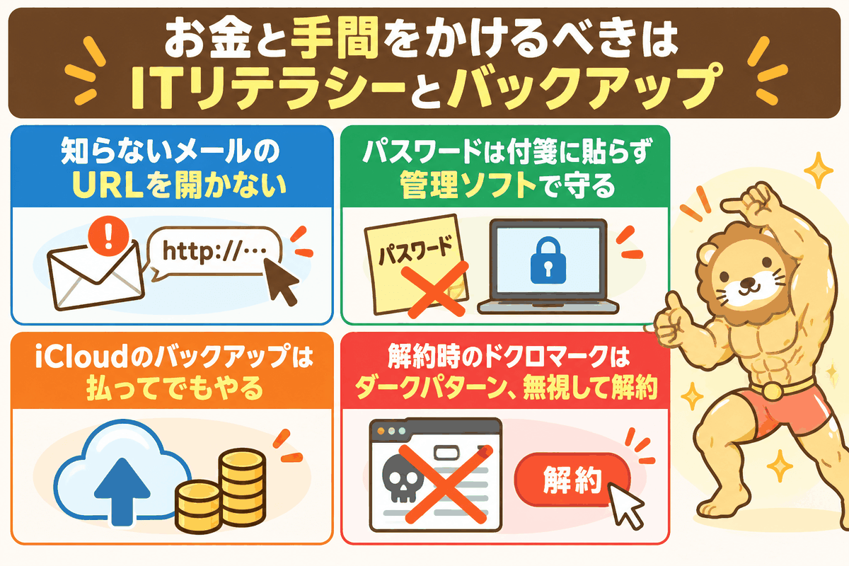 セキュリティソフトより、ITリテラシーとバックアップにお金と手間をかけるべき理由を示した図
