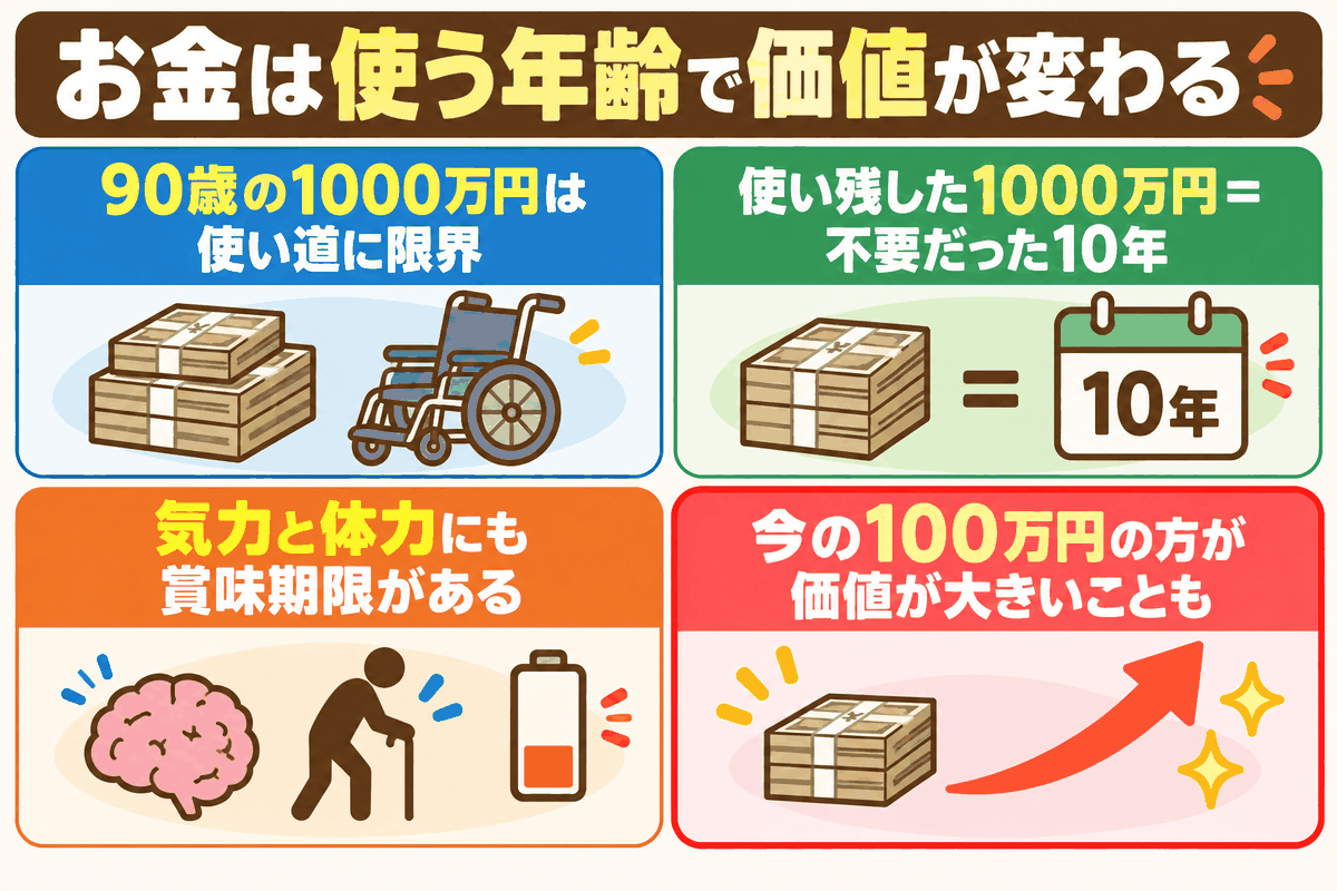 同じお金でも使う年齢で価値が変わり、貯めすぎは損になり得ることを示した図