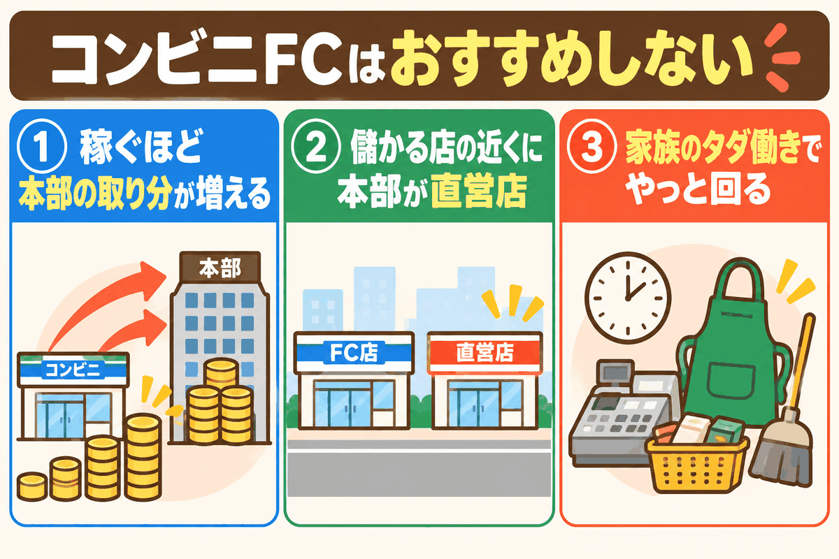 コンビニのフランチャイズオーナーをおすすめしない3つの理由を示した図