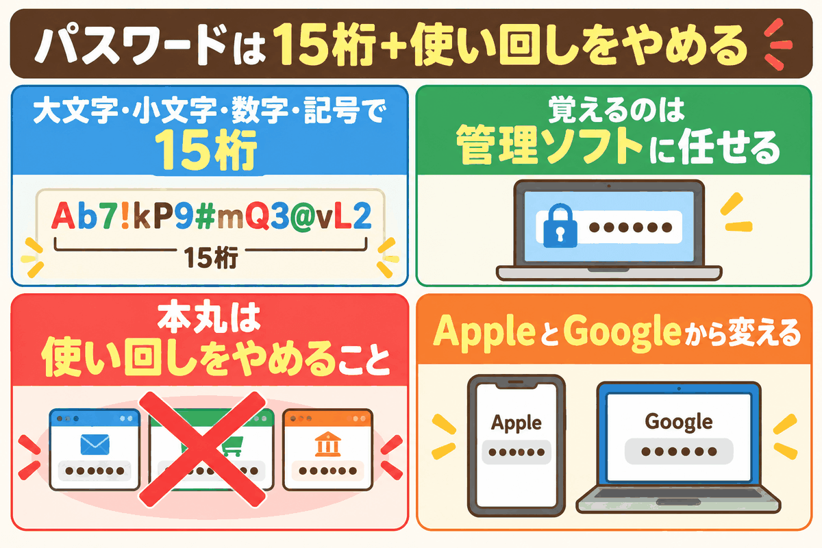パスワードは15桁で十分で、AppleとGoogleから使い回しをやめるのが大事だと示した図