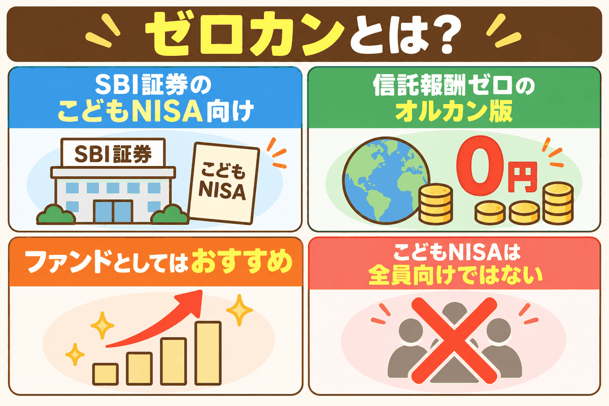 ゼロカンは信託報酬ゼロのオルカン版でおすすめできるが、こどもNISAは全員向けではないことを示した図