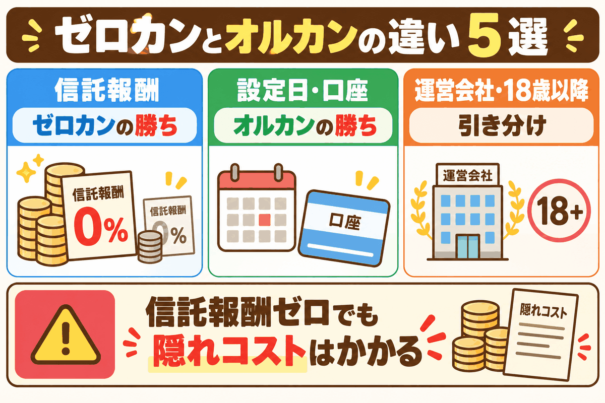 ゼロカンとオルカンの違い5項目の勝敗と、信託報酬ゼロでも隠れコストがかかることを示した図
