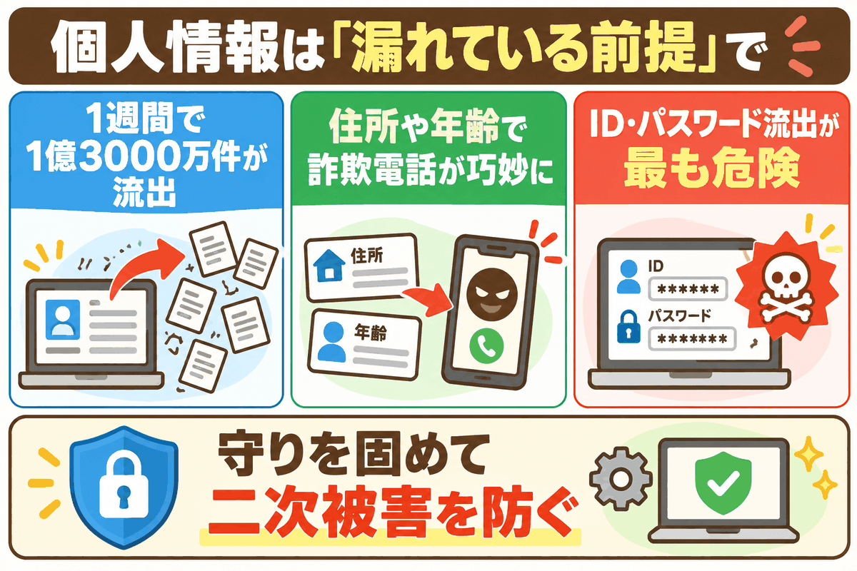 個人情報は漏れている前提で、詐欺などの二次被害やID・パスワード流出に備える必要があることを示した図