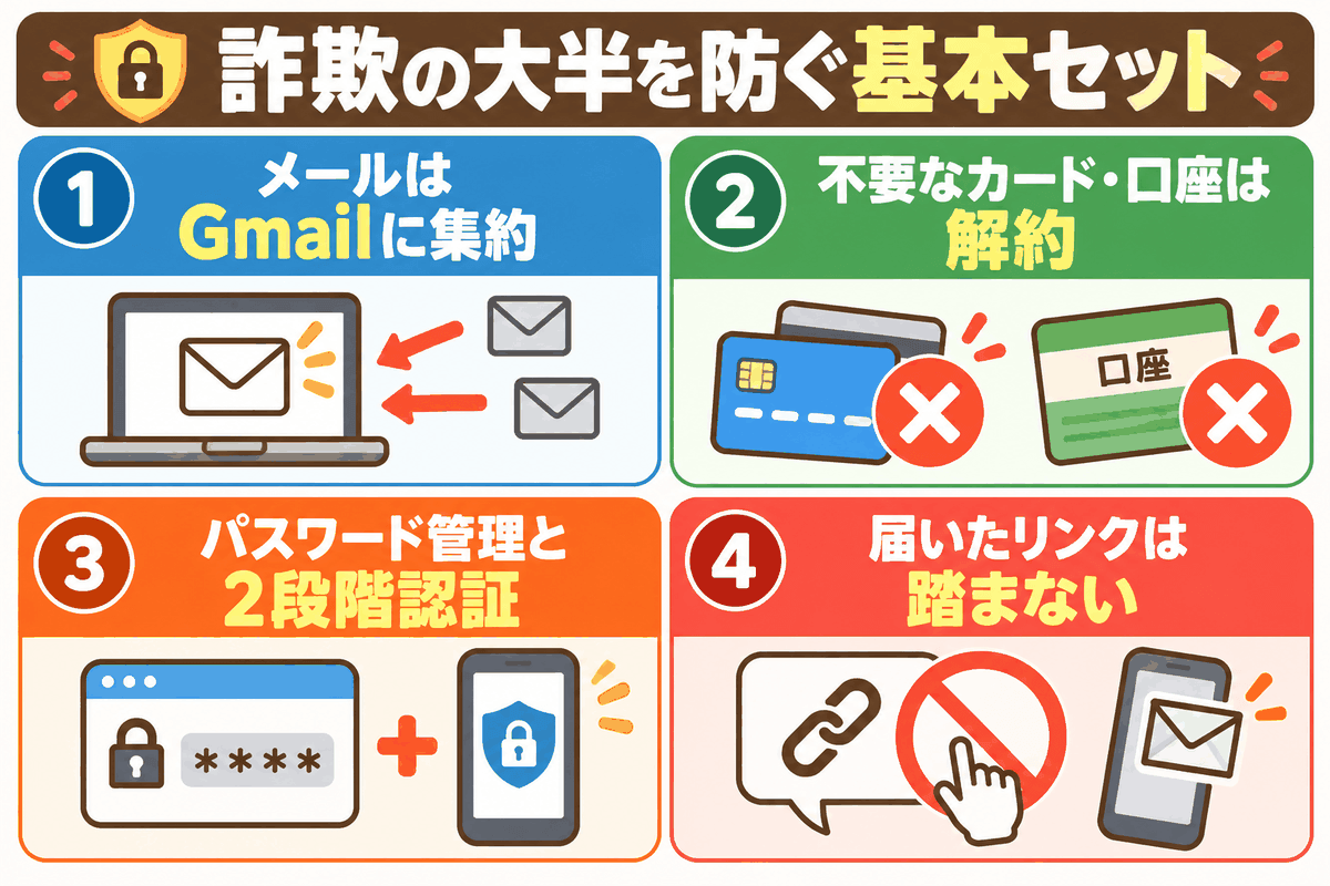 Gmail集約や2段階認証など、詐欺の大半を防ぐ4つの基本対策を示した図