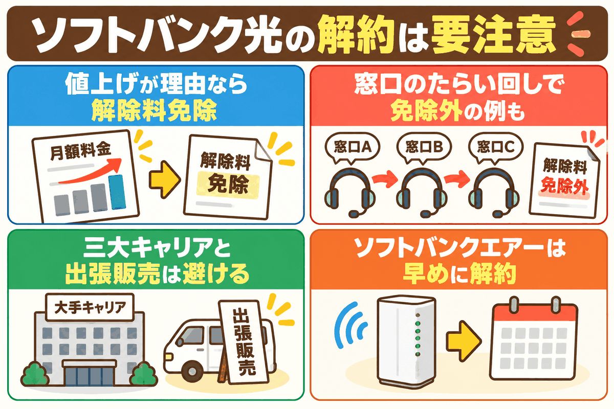 ソフトバンク光の解約時の引き止めの注意点と、大手キャリアとの付き合い方を示した図