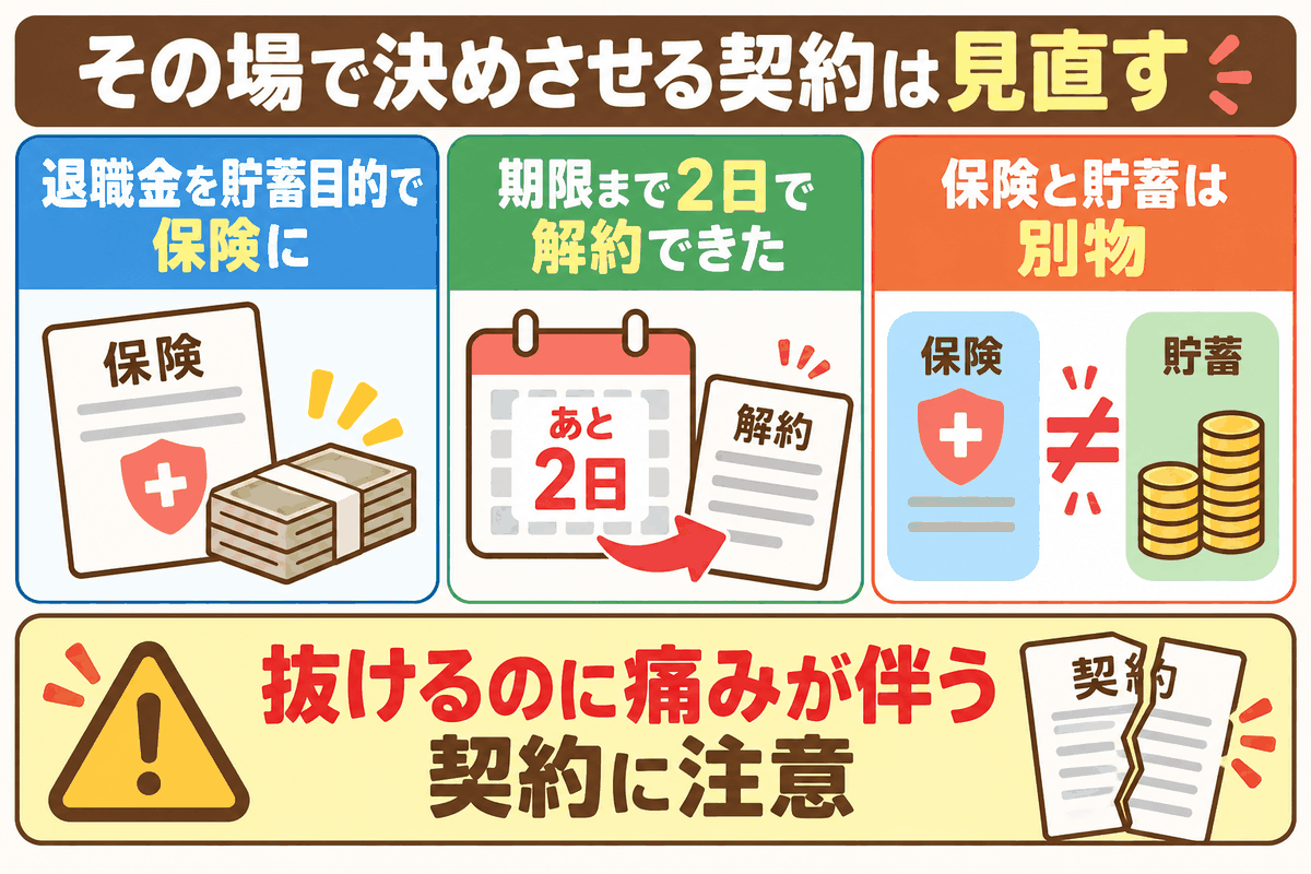 退職金を貯蓄目的で入った保険をクーリングオフで解約できた例と、即決させる契約への注意を示した図