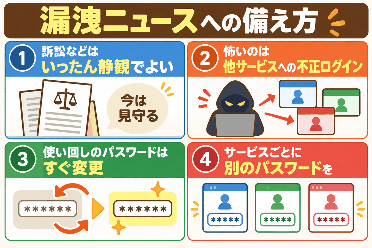 個人情報漏洩のニュースが出たら、使い回しのパスワードをすぐ変えるべきだと示した図