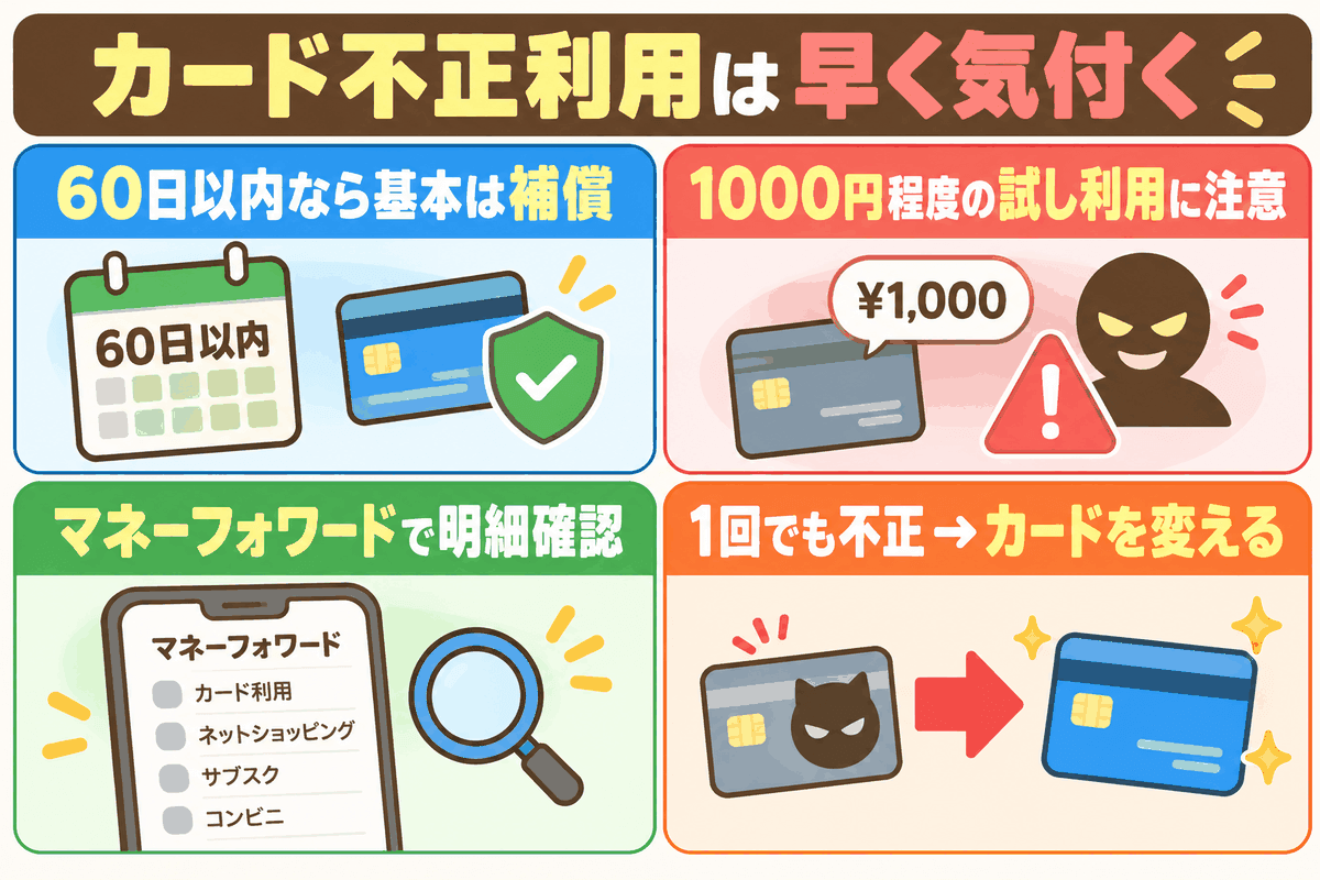 カード不正利用は60日以内に気付けば基本補償され、少額の試し利用を見逃さずカードを変えることを示した図