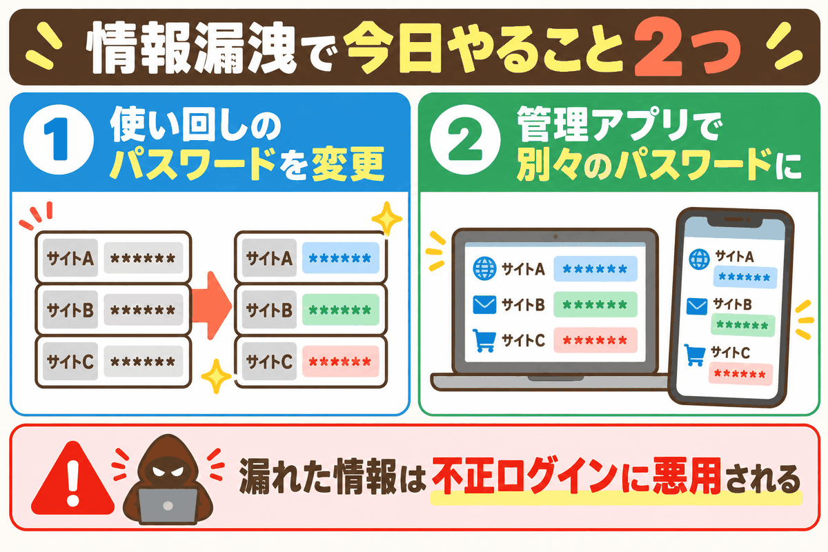 情報漏洩の後に今日やるべき、パスワード変更と管理アプリ導入の2つを示した図