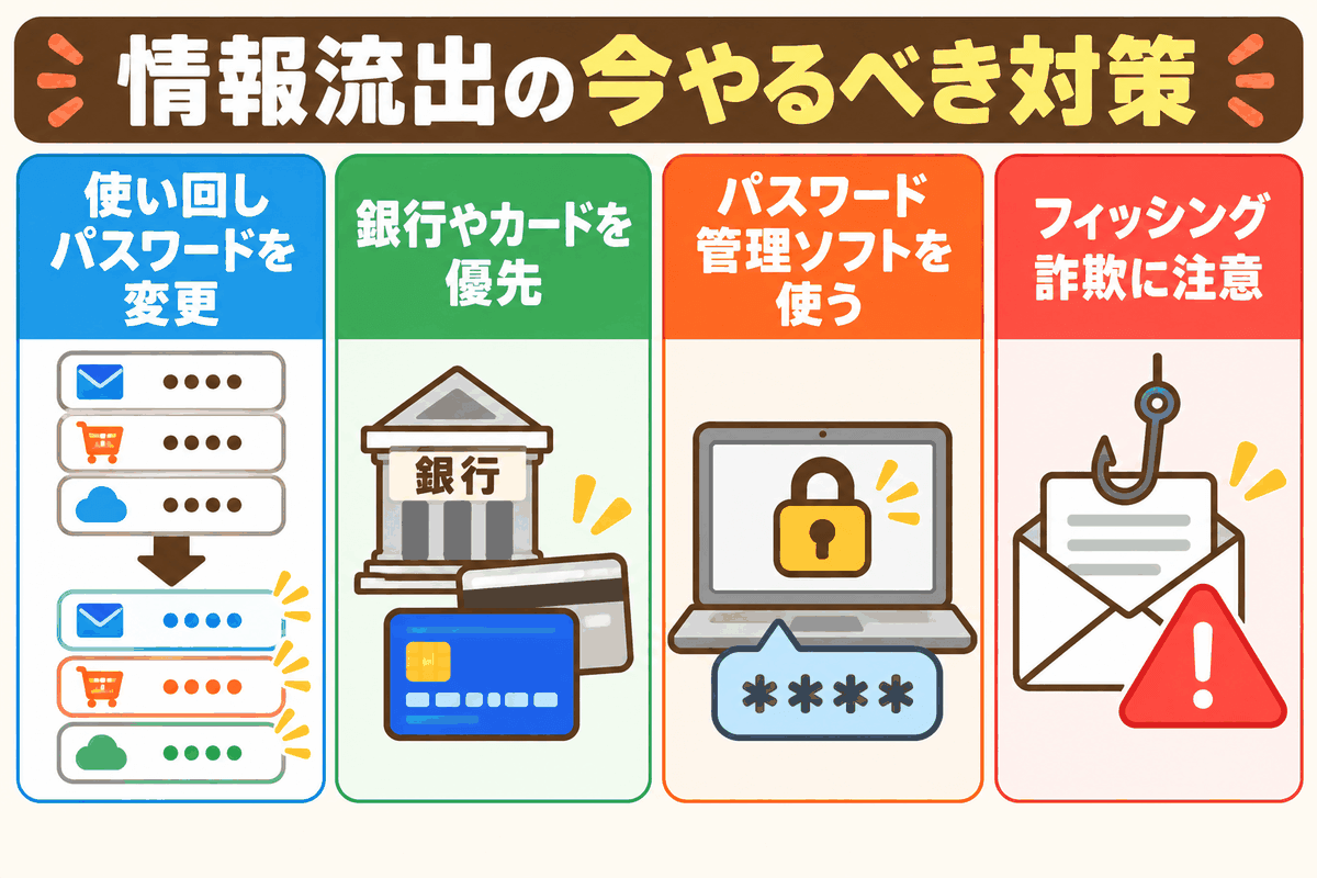 タイムズカーの情報流出を受け、パスワード変更や管理ソフト利用など今やるべき対策を示した図