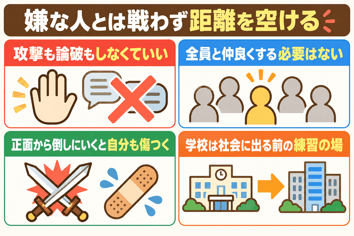 マウントを取る嫌な人とは戦わず、距離を空けて付き合うのがよいことを示した図