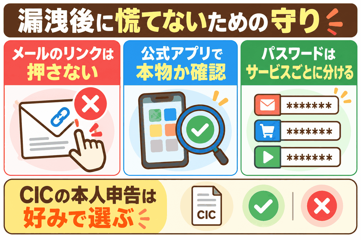 漏洩後はリンクを押さず公式アプリで確認し、パスワードを分けることを示した図