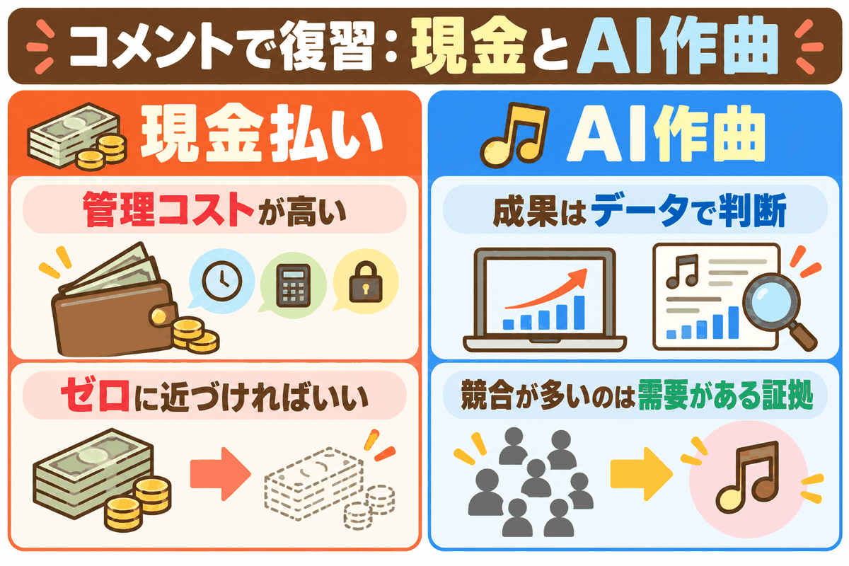 現金は管理コストが高くゼロに近づけ、AI作曲の成果はデータで判断することを示した図