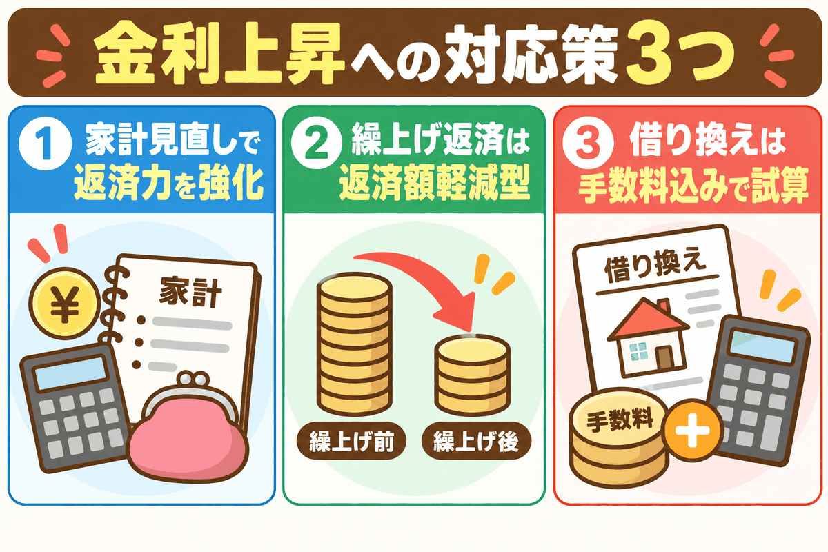 住宅ローン金利上昇への対応策として、家計見直し・繰上げ返済・借り換えの3つを示した図